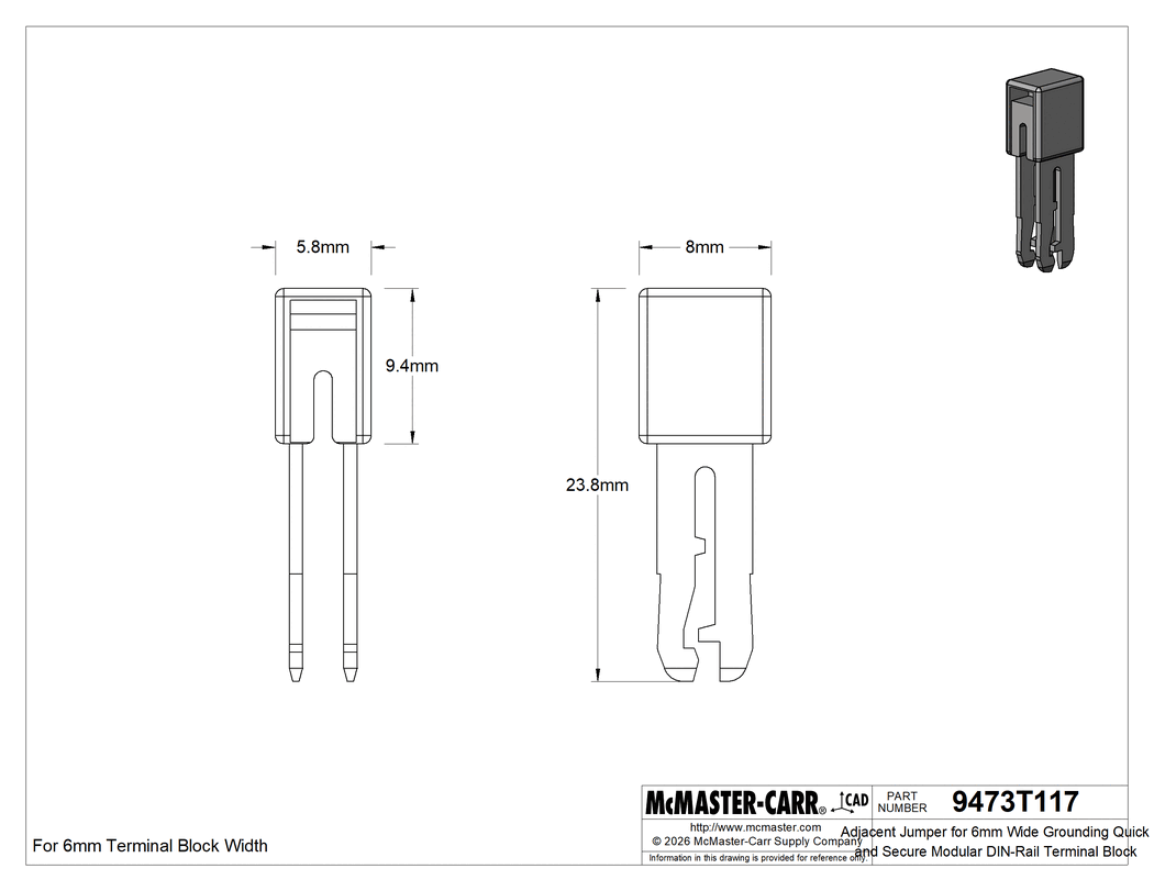 Technical Drawing of Adjacent Jumper for 6mm Wide Grounding Quick&Secure Modular DIN-Rail Terminal Block.